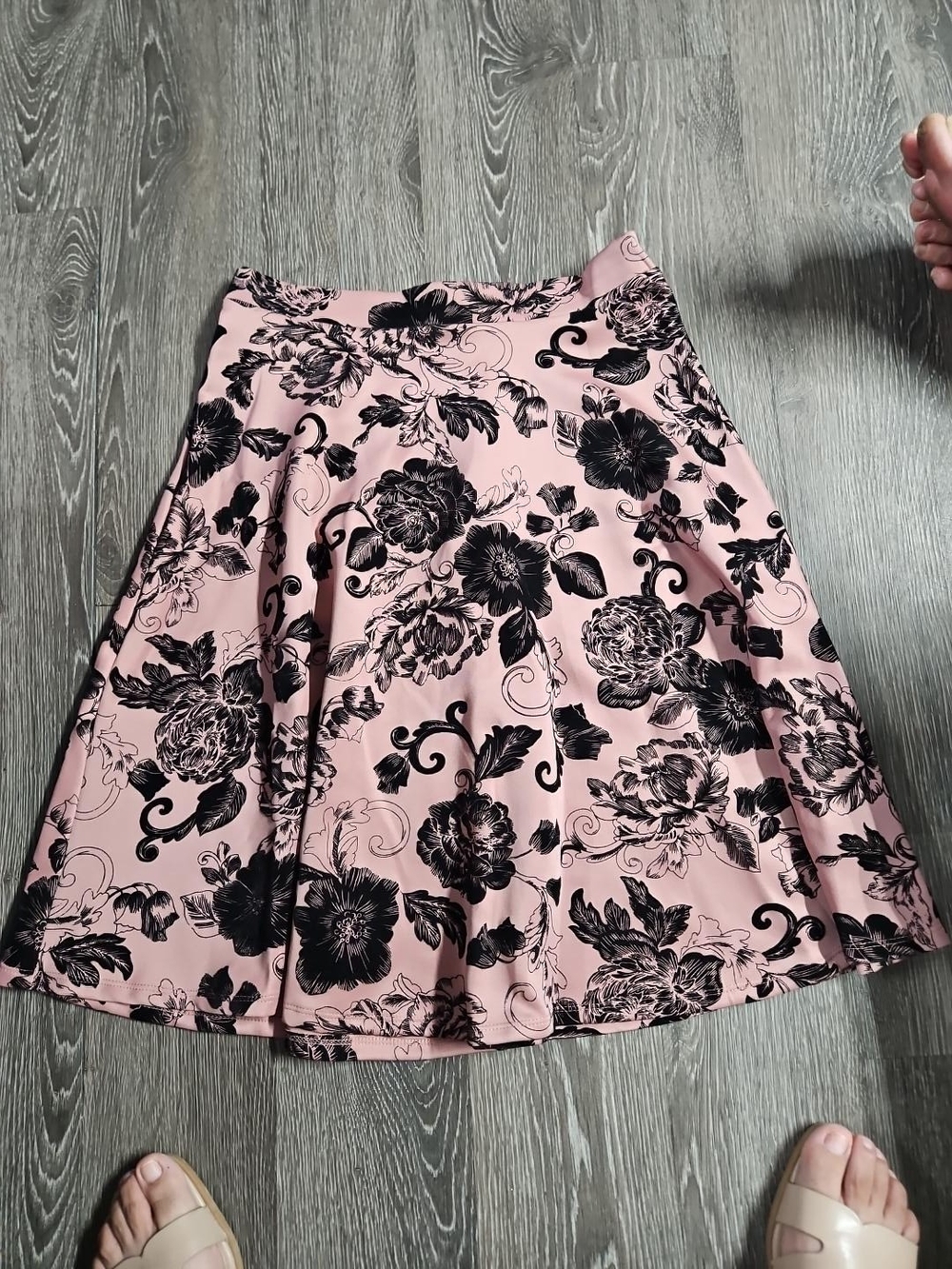 Faith and Joy Pink Skater Skirt with Black Floral Print